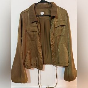 Women's A New Day Cropped Golden Olive Silken Cinchable Puff Sleeve Boho Jacket